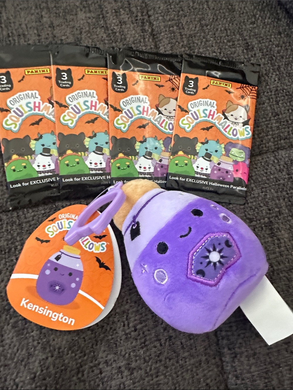 NWT Original Squishmallows Plush Key Clip & 4 Halloween Packs of Cards